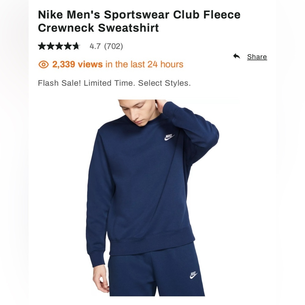 Men’s Navy Nike Club Fleece CREWNECK Size Large